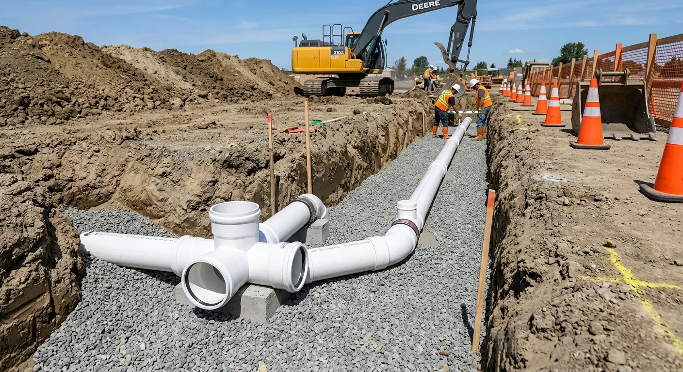 New PVC sewer pipe installation in open trench for Sewer Backup in Collier