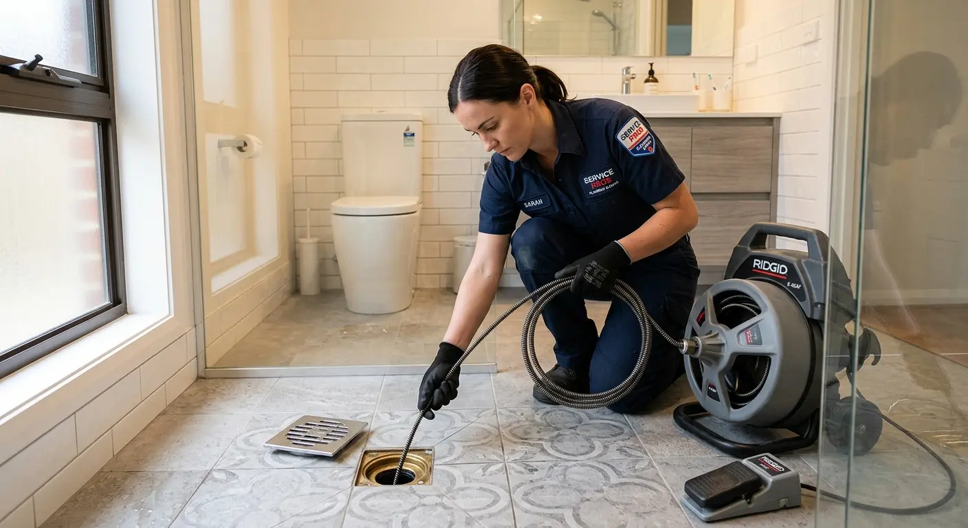 Technician clearing a bathroom floor drain for Drain Cleaning in Collier